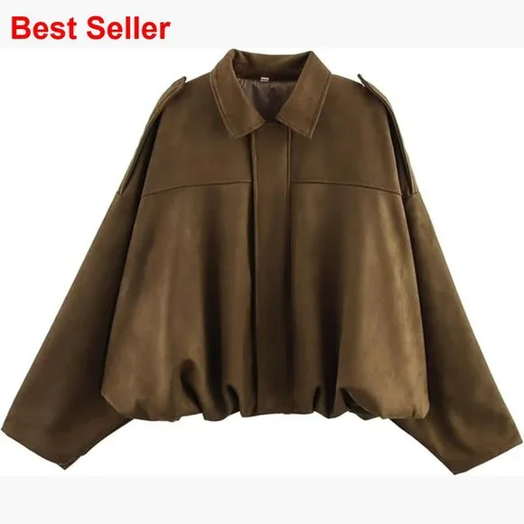 Faux Suede Bomber Jacket with Lapel Collar and Dolman Sleeves - Picture 1 of 7